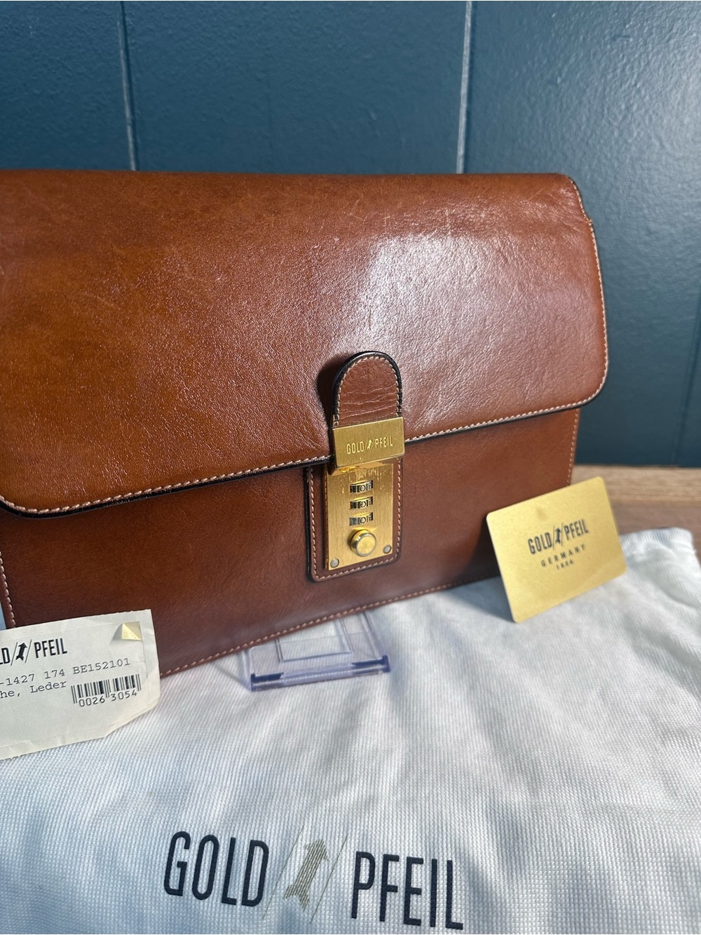 Vintage Gold Pfeil Oxford Leather Mens Business Clutch Combination Lock Germany